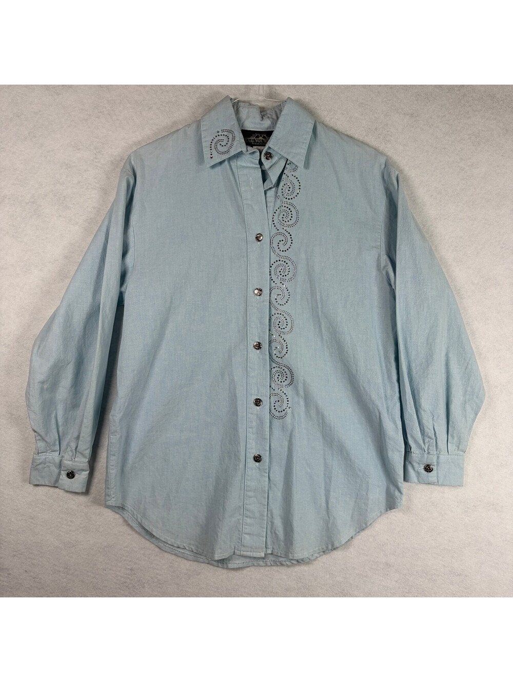 Vintage T.A.G. You're It! Light Blue Cotton Shirt with Rhinestone Swirl Detail